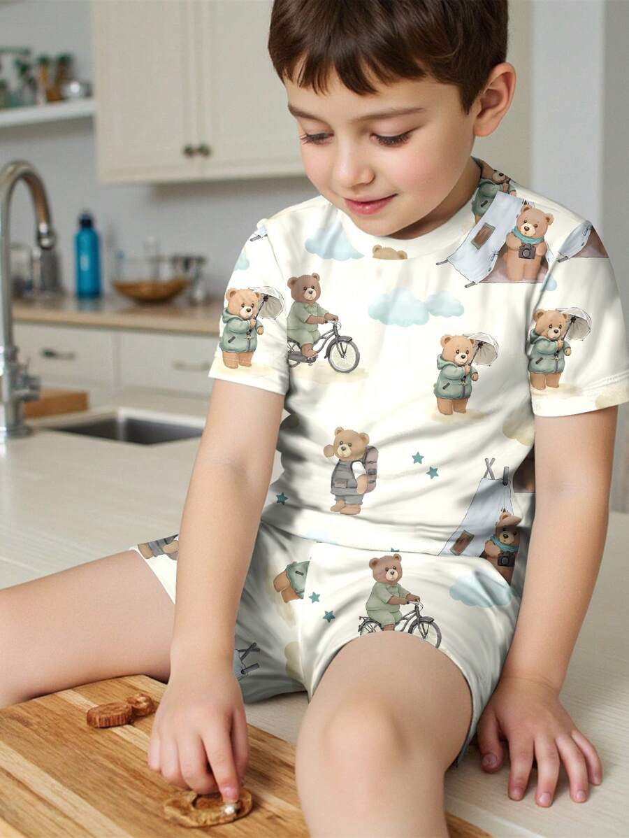 男婴熊图案休闲修身短袖 T 恤和短裤睡衣套装，舒适贴身，适合夏季 - 彩色 - 查看 1