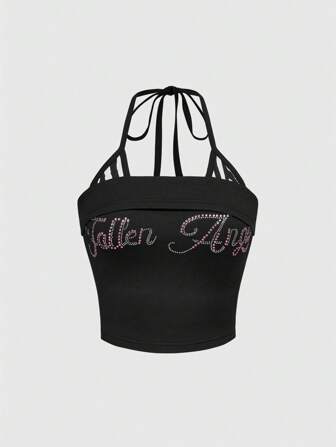 J-Fashion Top canotta da donna stile Harajuku, sexy, decorato con strass, stampa principessa, schiena aperta