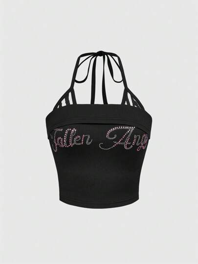 J-Fashion Top halter de tirantes anchos con estampado de princesa sexy, decoración de rhinestones, estilo Harajuku para mujer