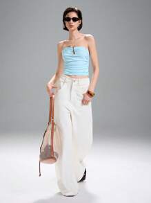 LYSMO Áo ống xếp ly Hook Adornment dành cho nữ - Hàng mới về Xuân/Hè 2025 - Màu xanh nhạt - Xem 3