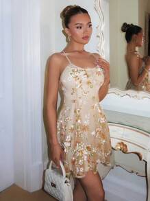 Glamine New Women's Sexy Back Lace-Up Embroidered Sequin Mini Halter Dress ,Haute Embroidered Sequin Dresses For Women , Party Women Dresses,Elegant Dresses For Women,Date Night Dress,Sexy Party Dress , Ball Gown,Cocktail Short Dress,Summer Outfits For Women,Vacation Outfits Women,Sexy Party, Vacation, Colorful, Sequins,Club Outfits Women Sexy, Women Party Dresses, Women Dresses Short,Sun Dresses For Women - Apricot - View 4