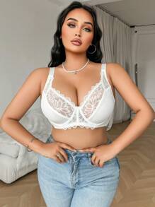 1 pièce Soutien-gorge sans fil sexy, confortable et en dentelle avec patchwork, grande taille pour femmes