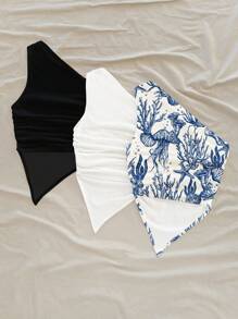 Soleia Set de 3 blusas de verano para mujer talla grande: Parte superior asimétrica con estampado oceánico azul, camisetas de tirantes blancos y negros