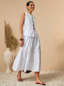 Bóhologie Conjunto de 2 piezas para mujer con blusa con cinta de encaje en los huecos de los brazos y el cuello, y falda larga. Conjunto de ropa de primavera-verano con look limpio
