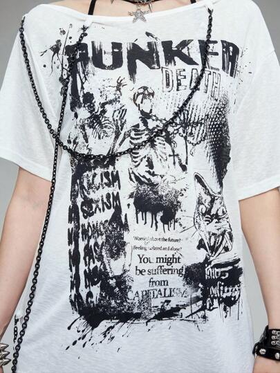 Grunge Punk T-shirt ample en fibre de bambou pour femmes avec impression de silhouette de squelette punk et épaule oblique transparente