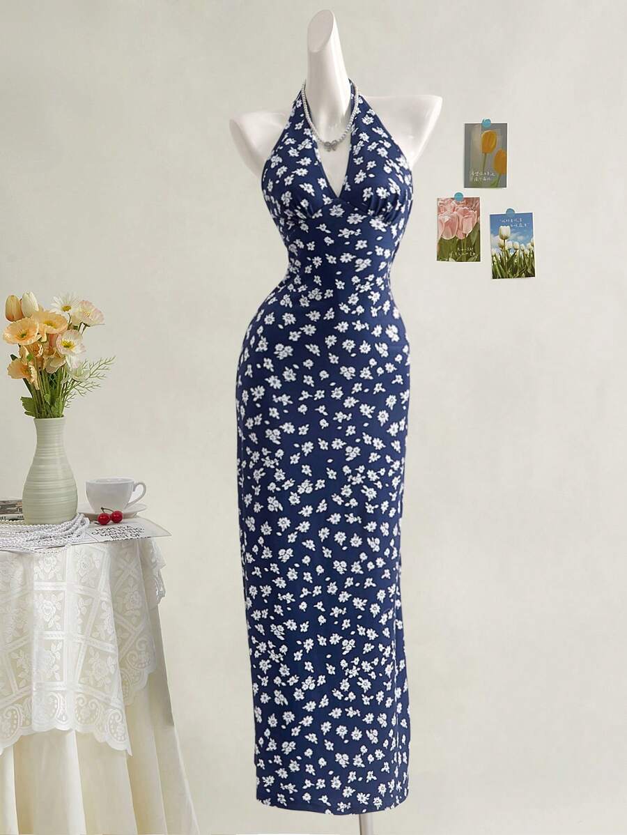 SHEIN MOD 藏蓝色碎花露背度假连衣裙，夏季露背连衣裙，女士沙滩裙，派对连衣裙，优雅连衣裙，乡村风格连衣裙，夏季连衣裙 - 藏蓝色 - 查看 1