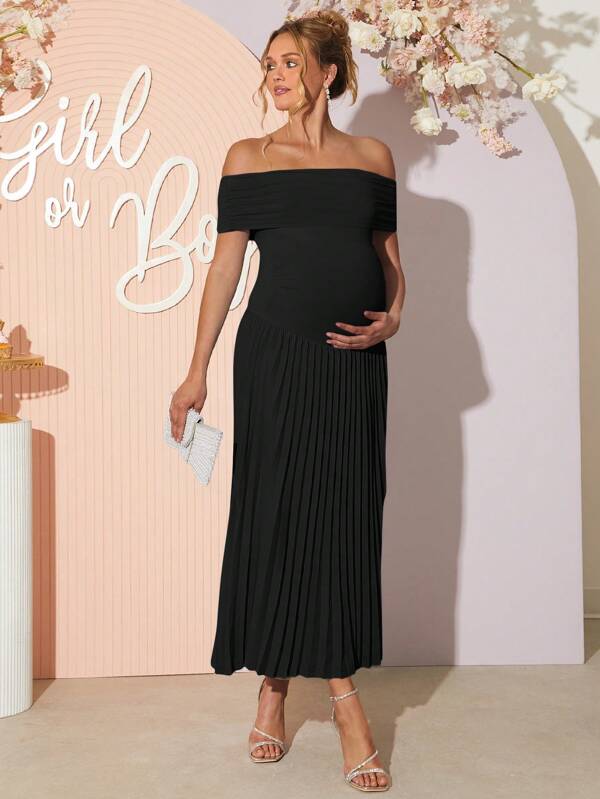 Loomaby Pregnant Women Solid Color Off Shoulder Short Sleeve Pleated Hem Elegant Dress Maternity Dress