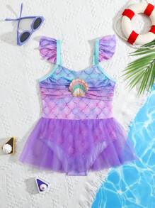 1 pieza Traje de baño de una sola pieza con estampado de escamas de pez, drapeado y parches de malla para niñas jóvenes - Multicolor - Ver 1