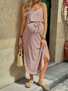 SHEIN Maternity Solid Color Waist Tie Side Slit Hem Casual Cami Dress  Ruffle  Vacation Summer  Women's Summer Dress  Maternity Dress  Vacation - Khaki - View 4