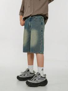 SHEIN Explorewe Tween Boys Distressed Denim Shorts, Casual Streetwear Fashion Loose Fit Urban Cool Hippy Summer Retro Vintage Wash Elastic Waist, School, Campus, College Summer Holiday