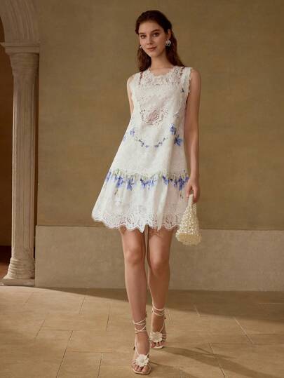 CONTRAST LACE FLORAL PRINT DRESSMotf