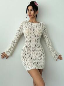 Firerie Strandresort-Stil gehäkeltes Cut Out körperbetontes rückenfreies Langarm-Sexy-Sweater-Kleid für Frauen