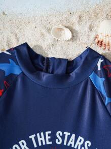 Shark Week X SHEIN Baby Boy Summer Vacation Beach Shark Print Long Sleeve One-Piece Swimsuit - Multicolor - View 3