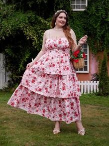 Flirla Plus Size Vacation Style Square Neck Sling Gathered Waist Ruffle Hem Long Dress - Multicolor - View 5