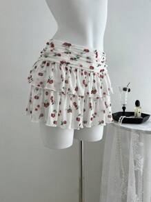 Elamini Women's Cherry Print A-Line Skirt, Fashionable For Summer - White - View 3