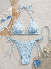Swim Mod New Women Knitted Jacquard Special Fabric Lace Trim Halter Tie-Front Ruched Sexy Beach Bikini Two Pieces Swimwear For Summer Beach Vacation - Blue and White - View 2