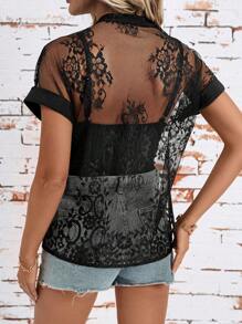 SHEIN Clasi Women's Sexy Lace Patchwork Sheer Panel Notched Neck Blouse Boho  Country - Black - View 2