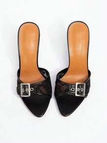 CUCCOO CHICEST Sandalias de tacón alto elegantes y románticas de punta fina con tiras de encaje para mujer, apropiadas para vestidos, té, citas, fiestas de moda y eventos formales - Negro - Ver 3