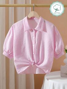 SHEIN 1 件女童条纹纹理面料蝙蝠翼短袖衬衫，休闲春夏假日风格 - 粉色 - 查看 3