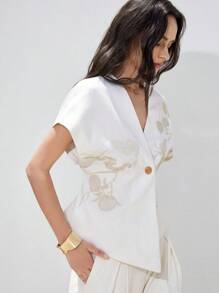 Aveloria Modichic Blusa de corte elegante con diseño bordado en la parte delantera - Blanco - Ver 4
