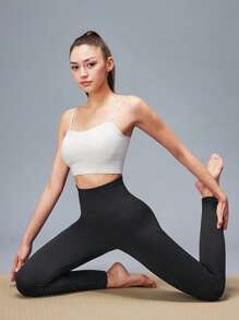 LUVLETTE Women's Black Seamless Wide Waistband Waist Elegance Yoga Fitness Active Gym Basic Leggings - Black - View 10