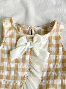 SHEIN Baby Girls' Yellow Gingham Ruffle Sleeveless Top And Pants Set: Adorable Polyester Outfit For Summer - Yellow - View 3