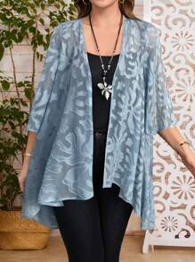 EMERY ROSE Áo khoác cardigan dáng rộng thiết kế jacquard tay 3/4 hở phía trước cỡ lớn dành cho nữ vào mùa thu/đông - Màu xanh nhạt - Xem 1