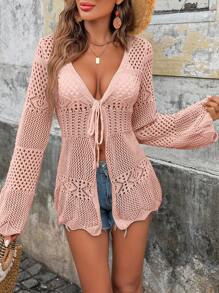 Breezaya 新款女式度假休闲纯色镂空针织开衫