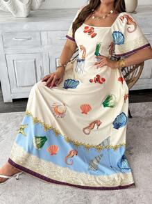 SHEIN Clasi Women's Plus Size Beige Summer Boho Tropical Resort Ocean Printed Square Neck Ruffle Sleeve Dress,Vacation Holiday Sun Dress Clothing - Multicolor - View 5