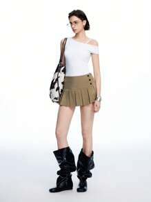 LYSMO 女士时尚通勤条纹褶皱下摆低腰半身裙