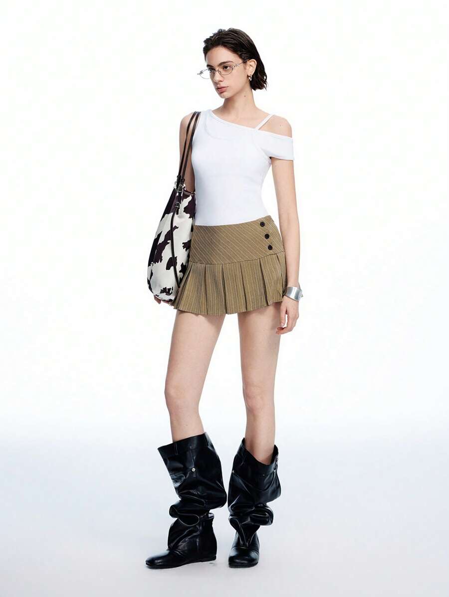 LYSMO 女士时尚通勤条纹褶皱下摆低腰半身裙