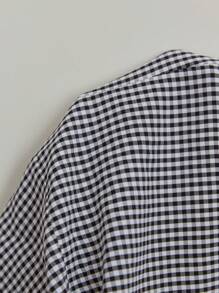 Elamini Black & White Checkered Short Sleeve Shirt With Ruffle Trim, Button Up Fitted Top