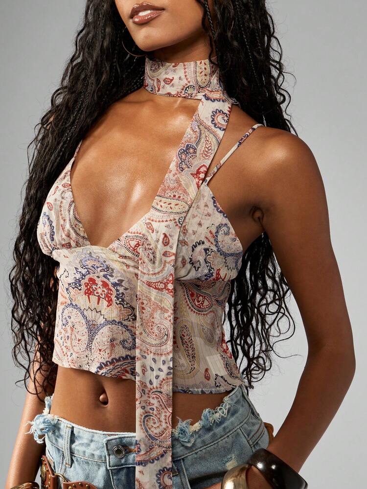 MISSGUIDED Débardeur bohème à col noué imprimé cachemire pour l'été, débardeur court style festival, chemisier de plage avec encolure à lacets, style Y2K en mousseline de style Western boho