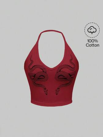 Goth Blusa crop top de mujer de corte ajustado con estampado de serpiente y cuello halter
