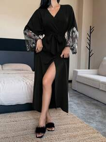 DAZY Women's Long Sequins Embroidered Mesh Patchwork Sleepwear Robe Pajama - Black - View 5