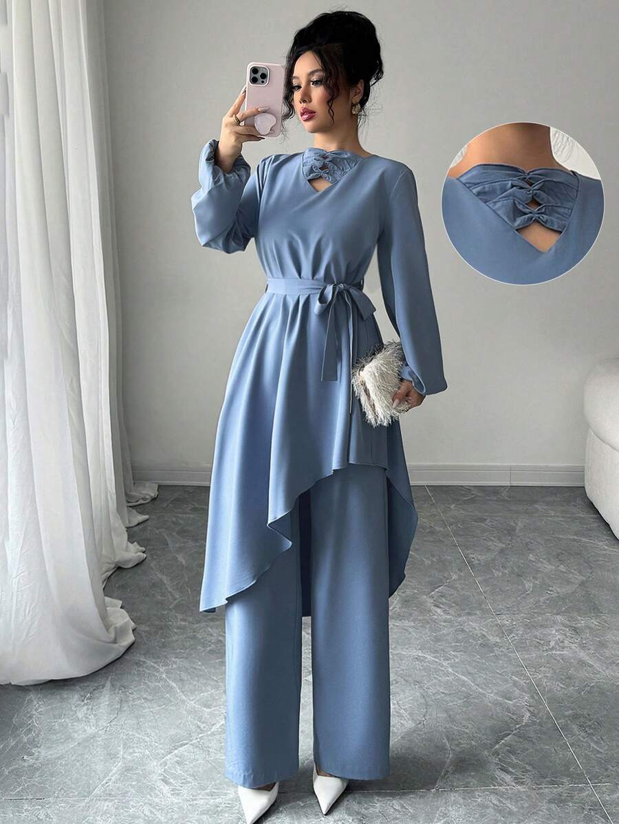 Modelyn 2pcs/Set Women Solid Color Lace-Up Asymmetrical Hem Top & Long Pants, Fashionable Outfit Fall Cloth For Women