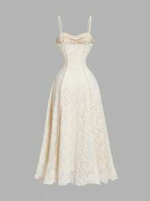 SHEIN X Hannahelzahed SHEIN MOD 蜜桃色吊带连衣裙，腰间饰有蝴蝶结，裙摆开衩，采用植绒面料设计，喇叭裙摆，适合派对、波西米亚风、热带风、优雅、度假、早午餐、西式、波西米亚风连衣裙、毕业礼服、婚礼宾客礼服、情人节、音乐节、外出等场合。 - 杏色 - 查看 2