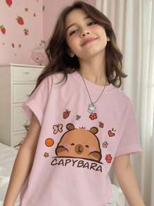 SHEIN Leap Crew 青少年女孩休闲简约图案圆领短袖短裤睡衣套装，适合夏季 - 彩色 - 查看 3