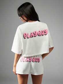Missguided x Playboy 3D泡泡字母图案运动羊毛休闲抽绳短裤 - 白色 - 查看 1
