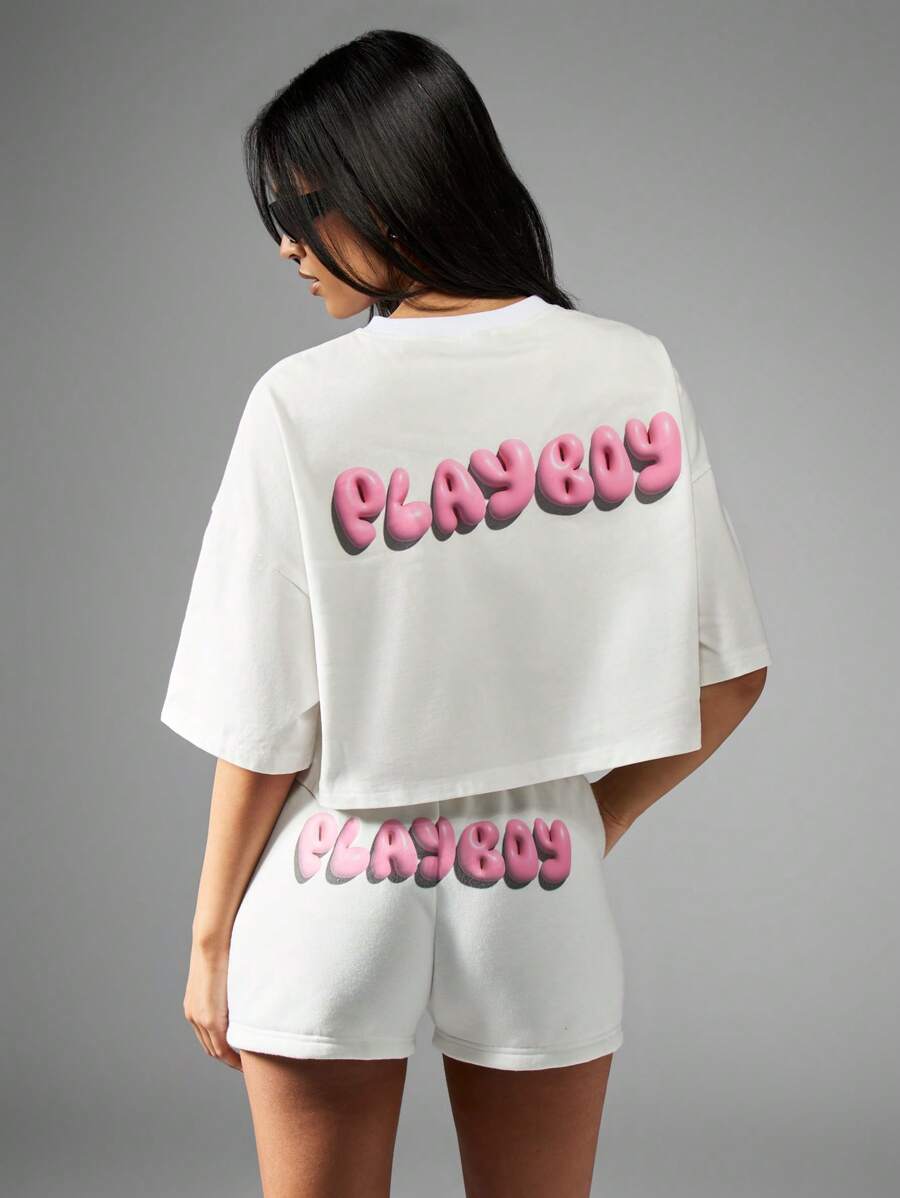 Missguided x Playboy 3D泡泡字母图案运动羊毛休闲抽绳短裤 - 白色 - 查看 1