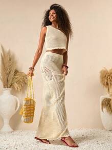 Bóhologie Conjunto de 2 piezas de ropa de playa con parte superior de punto de un solo hombro con detalles calados y falda maxi de punto hueca en estilo bohemio para usar en la playa o fiestas en la playa