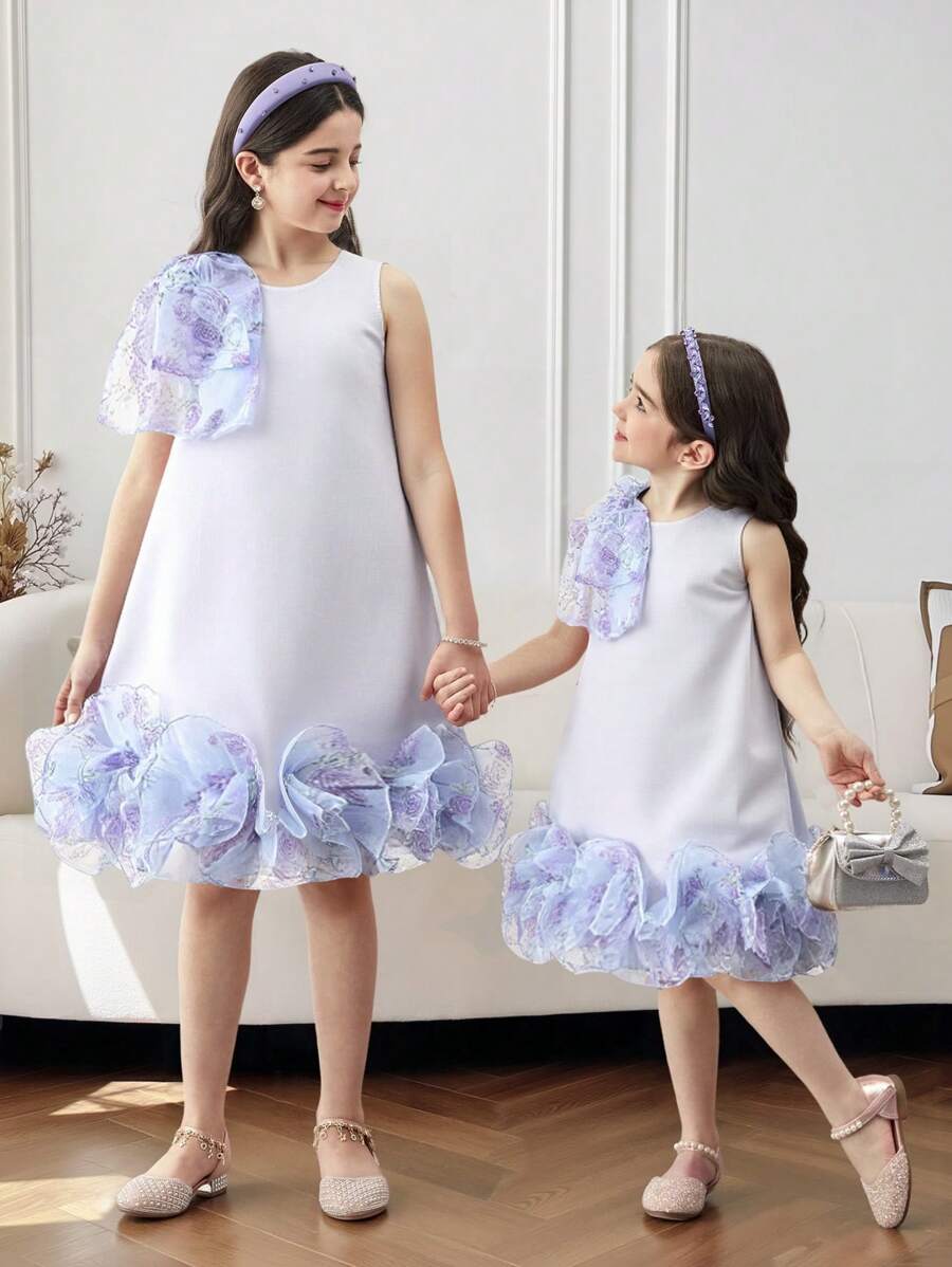 Tween Girls Woven Fitted Round Neck Sleeveless A-Line Dress - Blue - View 1