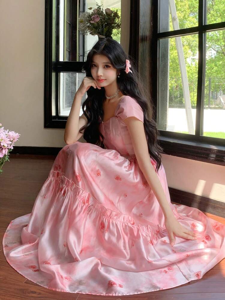 Women's Mid-Length Off Shoulder Floral Print Dress With Frill Trim Maxi Dress