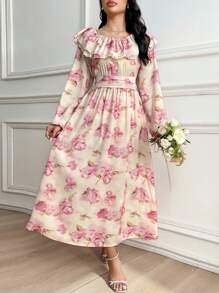 Modelyn Vestido con cintura entallada, cuello de volantes y hombros descubiertos con estampado floral romántico a la francesa