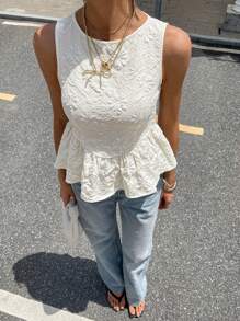 Siren Gaze 夏季新品优雅提花荷叶边领上衣 - 杏色 - 查看 6