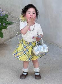 DAZY Baby Girl Round Neck Casual Bow Decor Loose Short Sleeve Top, Back Top School - White - View 8