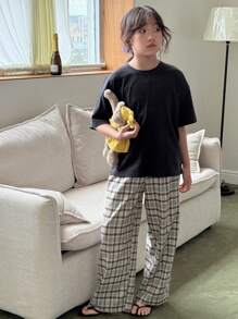 Dazy Kids Tween Girls Fall Solid Color Crew Neck Knit Short Sleeve T-Shirt + Plaid Long Pants Outfit, Spring/Summer, Back To School Clothes - Navy Blue - View 3