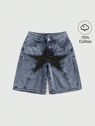 Grunge Punk Women's Pentagram Pocketed Loose Casual Denim Shorts