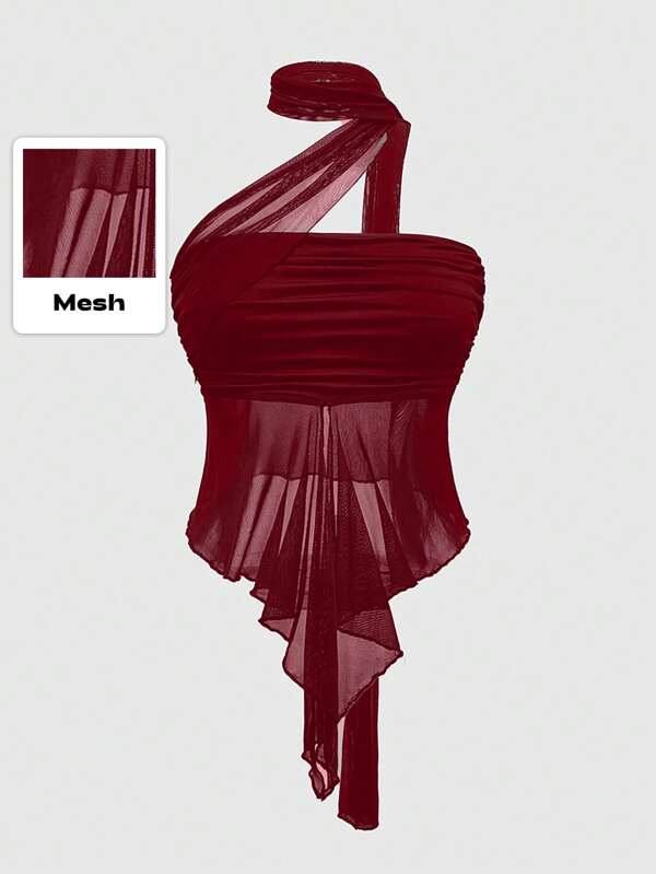 ROMWE Goth Top con bufanda de contraste de malla sensual, top corto talla grande