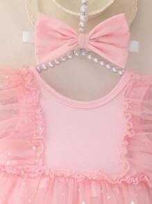 女婴梦幻奢华 3D 心形网眼连体衣，舒适针织面料，荷叶边装饰，高级时尚设计，适合派对和户外活动 - 粉色 - 查看 4